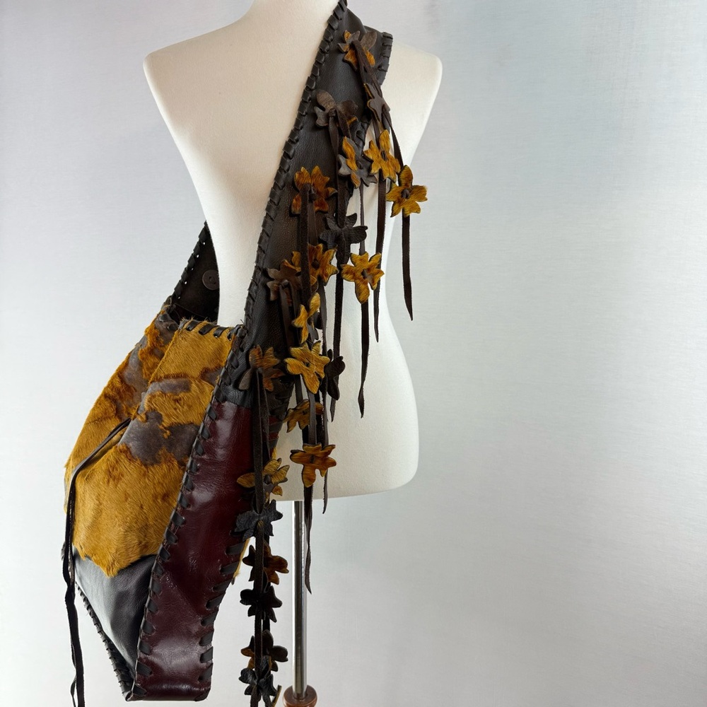 OOAK Artisan Handmade Leather Boho Bag Flower Fringe Strap - Picture 6 of 15